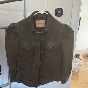 Retrofete Dark Olive destroyed Jean Jacket with Puff Sleeves